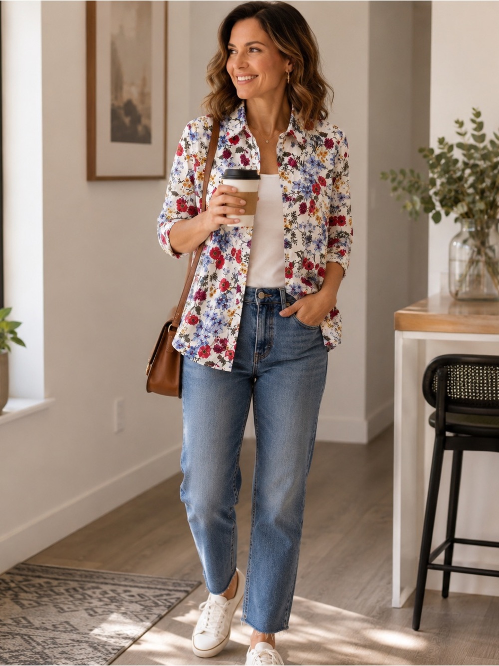 Talbots White Floral Button-Down Blouse Large Boho Cottagecore RedYellow Flowers - Picture 3 of 9
